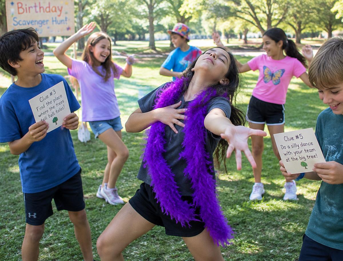 Kids dancing and acting out clue-card challenges in a park
