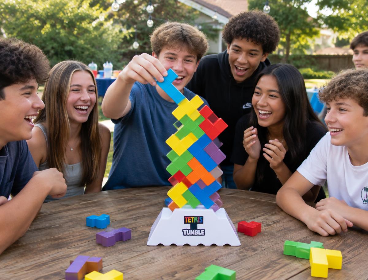 Teens laughing around a Tetris Tumble tower